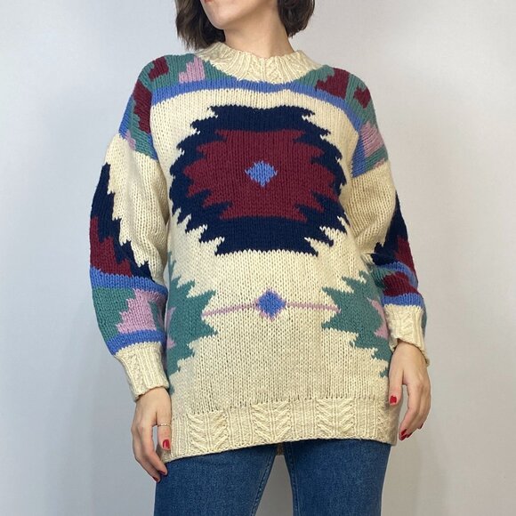Vintage 1980s Handmade SOUTHWEST or Aztec Wool Sweater! Medium to Large - Picture 3 of 8